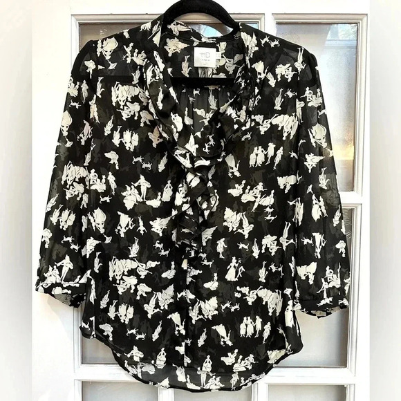 Anthropologie HD in Paris Ruffled Picea Blouse Black White Pastoral Print Size 4 - Picture 11 of 11